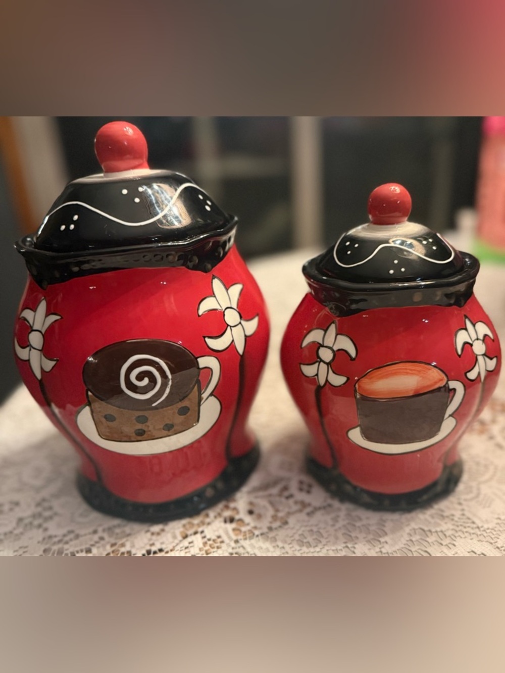 Casa Vero Coffee Canister Set Red Black Stoneware Kitchen Storage Jars